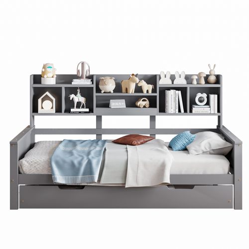 Canapé-lit Convertible 90x200cm En Bois Massif, Lit Extensible 90x190cm Avec Rangements Et Sommier