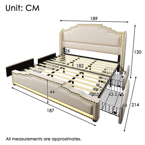 Lit Coffre 180×200 En Velours Beige Avec 4 Tiroirs, Éclairage LED Et Port USB-c