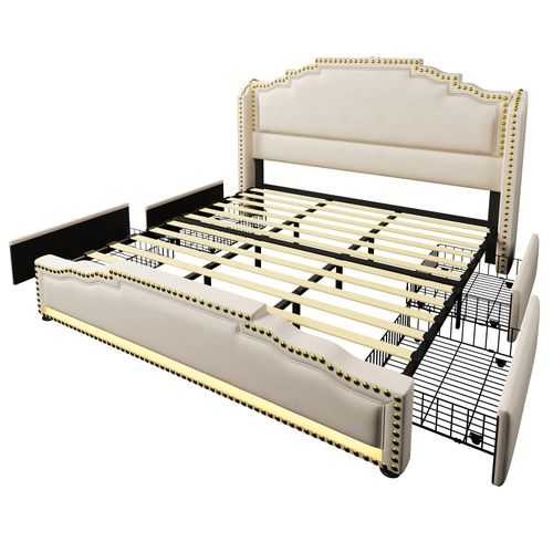 Lit Coffre 180×200 En Velours Beige Avec 4 Tiroirs, Éclairage LED Et Port USB-c