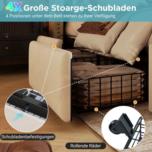 Lit Coffre 180×200 En Velours Beige Avec 4 Tiroirs, Éclairage LED Et Port USB-c