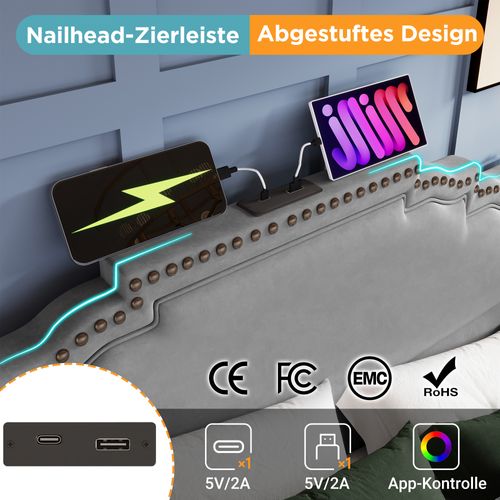 Lit Double En Velours Avec 4 Tiroirs, Éclairage LED 180x200, Gris