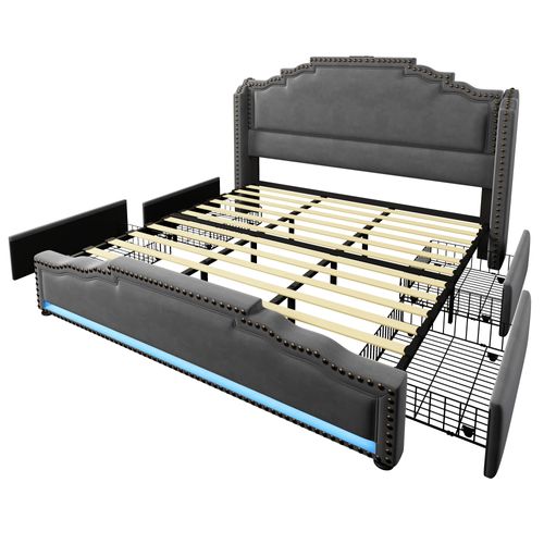 Lit Double En Velours Avec 4 Tiroirs, Éclairage LED 180x200, Gris