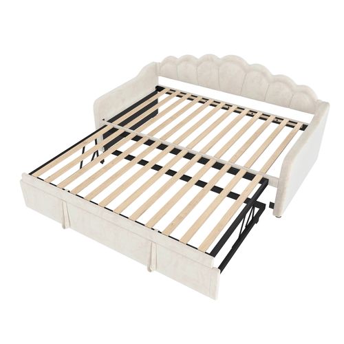 Lit Enfant Avec Lit Extensible En Velours, Bande LED Changeant De Couleur, Beige, 90x200cm