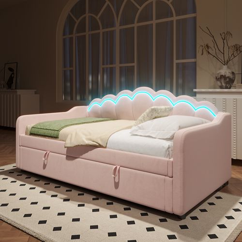 Lit D'appoint, Velours, Lit Hydraulique Avec Rangement, 90x200cm, Rose