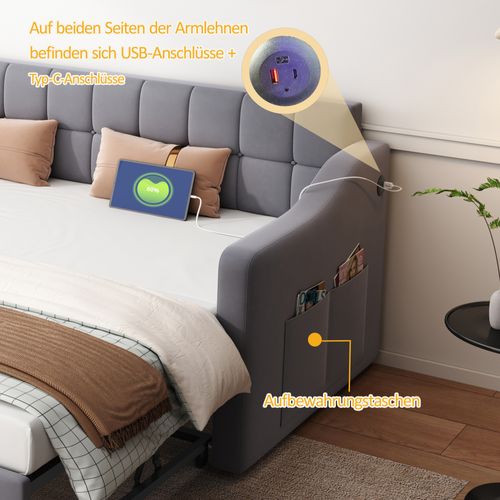 Canapé-lit Multifonction En Velours, Avec Prise Et Sac De Rangement, Gris 90x190