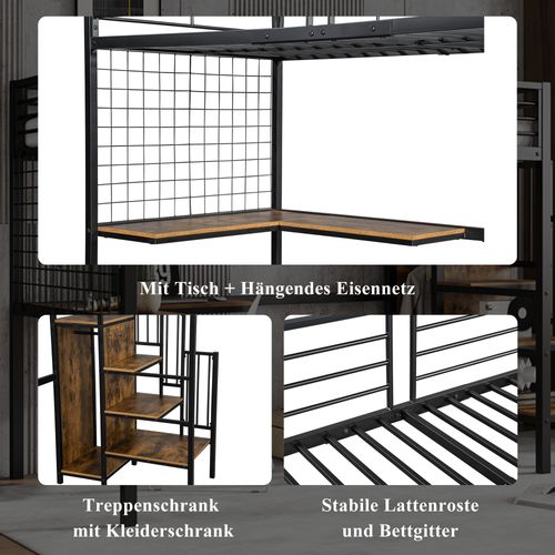 Lit Mezzanine, Métal Et Aggloméré, Avec Bureau Et Armoire, Échelle Latérale, 90x200cm