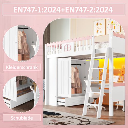 Lit Mezzanine En Bois De Pin Certifié En747 Avec Rangement, 90 X 200cm, Blanc