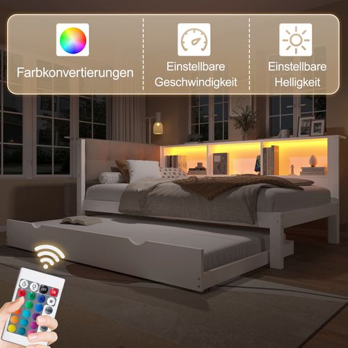 Lit D'appoint, Bois De Pin,lit Simple Extensible Avec Bande LED Dimmable, Blanc, 90x200cm