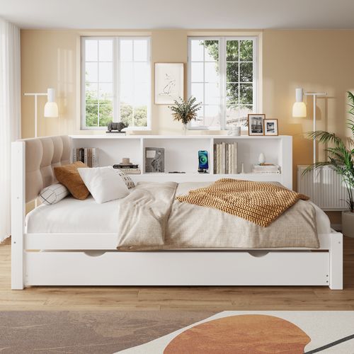 Lit D'appoint, Bois De Pin,lit Simple Extensible Avec Bande LED Dimmable, Blanc, 90x200cm