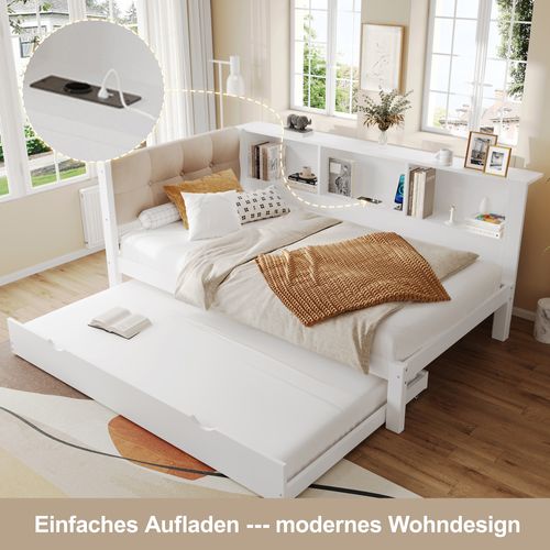 Lit D'appoint, Bois De Pin,lit Simple Extensible Avec Bande LED Dimmable, Blanc, 90x200cm