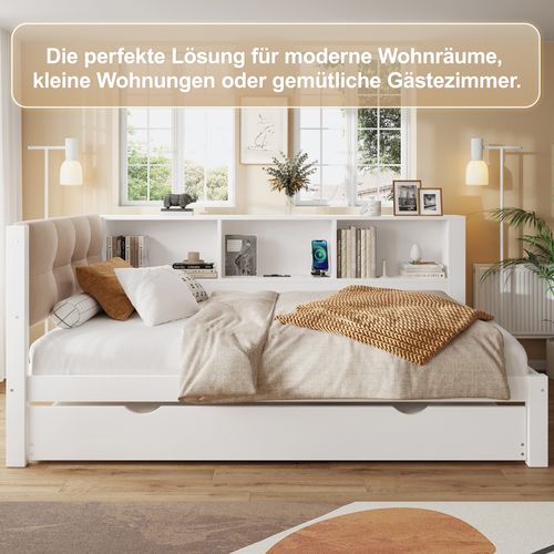 Lit D'appoint, Bois De Pin,lit Simple Extensible Avec Bande LED Dimmable, Blanc, 90x200cm