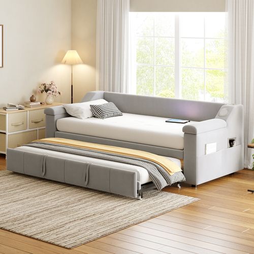 Sofa-lit Polster, Velours, Bluetooth Stéréo, Rangement Intégré, Lattenrost, Gris Clair, 90x190 Cm