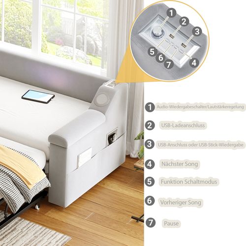 Sofa-lit Polster, Velours, Bluetooth Stéréo, Rangement Intégré, Lattenrost, Gris Clair, 90x190 Cm