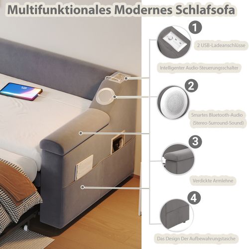 Canapé-lit Polsterbett En Tissu En Velours Gris, Bluetooth Stéréo, 180x190 cm