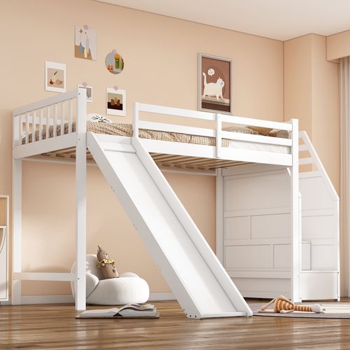 Lit Mezzanine En Bois Avec Toboggan Et Échelle De Rangement, Certifié En747, Blanc, 90 X 200cm