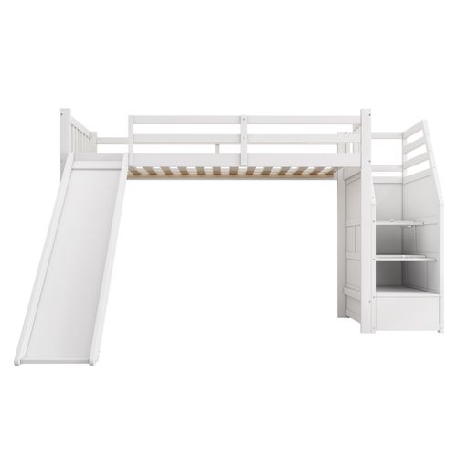 Lit Mezzanine En Bois Avec Toboggan Et Échelle De Rangement, Certifié En747, Blanc, 90 X 200cm