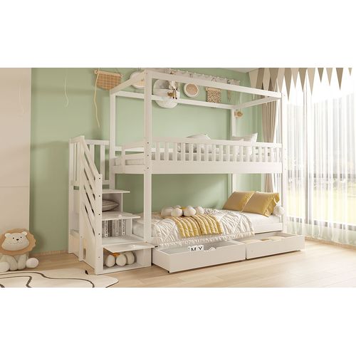 Lit Superposé Enfant, Bois Massif, Avec Garde-corps, Échelle Sécurisée Et Espace De Rangement, Blanc