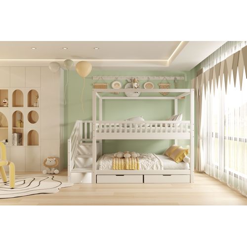 Lit Superposé Enfant, Bois Massif, Avec Garde-corps, Échelle Sécurisée Et Espace De Rangement, Blanc