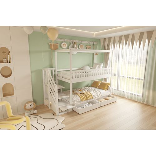 Lit Superposé Enfant, Bois Massif, Avec Garde-corps, Échelle Sécurisée Et Espace De Rangement, Blanc