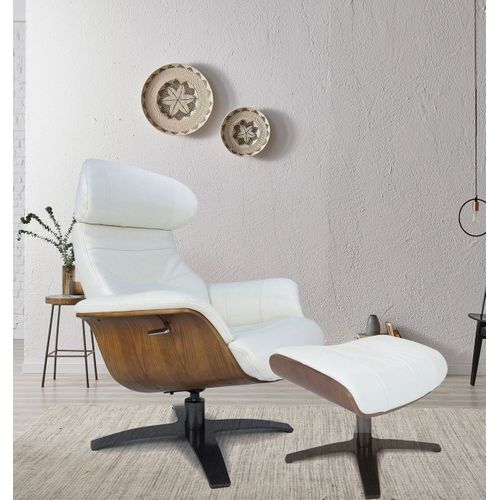 Fauteuil Et Pouf Relax Manuel - Cuir Et Chêne Naturel - Vega - Cuir Blanc