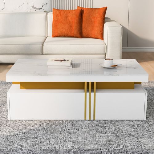 Table Basse Rectangulaire Avec Plateau Brillant Et Deux Tiroirs En Bois, Plateau En Marbre, Blanc