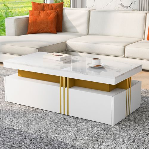 Table Basse Rectangulaire Avec Plateau Brillant Et Deux Tiroirs En Bois, Plateau En Marbre, Blanc
