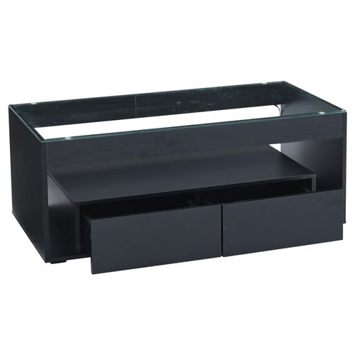 Table Basse Avec Éclairage LED 16 Couleurs, Deux Grands Tiroirs, Finition Brillante, Noir