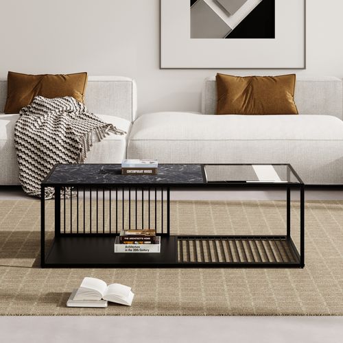 Table Basse, Table Basse En Fer Forgé Avec Plateau En Verre, Noire