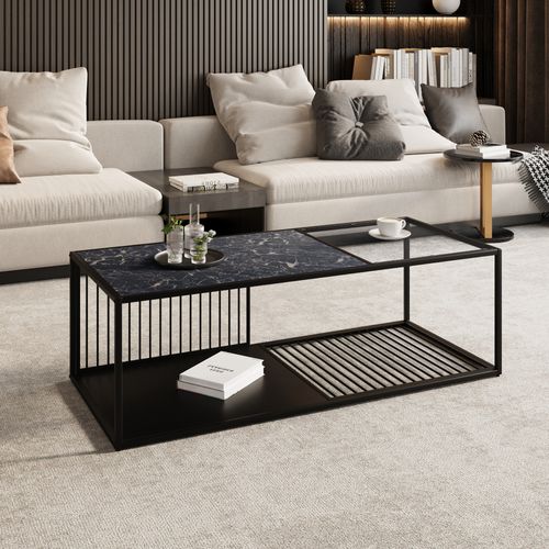 Table Basse, Table Basse En Fer Forgé Avec Plateau En Verre, Noire