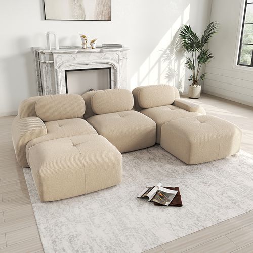 Canapé Modulable En U, Tissu Velours Côtelé, Accoudoirs Extra-larges, Beige.