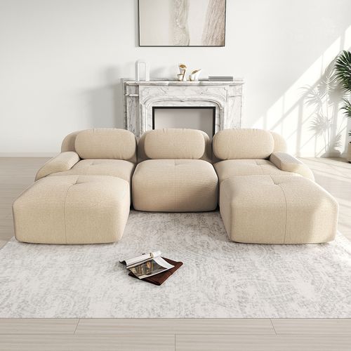 Canapé Modulable En U, Tissu Velours Côtelé, Accoudoirs Extra-larges, Beige.