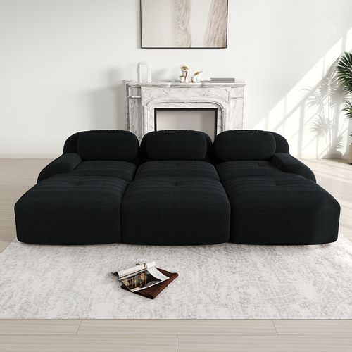 Canapé Modulable Trois Places Avec Trois Repose-pieds En Velours Côtelé,noir.