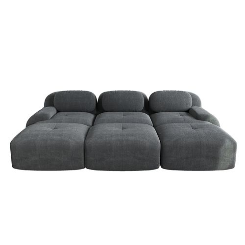 Canapé Modulable Trois Places Avec Trois Repose-pieds En Velours Côtelé, Gris.