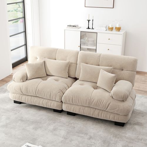 Canapé D'angle Cloud, Chenille, Avec 2 Coussins Lombaires Et 2 Coussins Décoratifs,bois Massif,beige