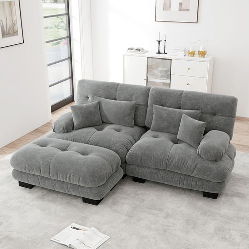Canapé D'angle Cloud Avec Coussins Lombaires Et Coussins Décoratifs,larges Accoudoirs Et Pouf,gris
