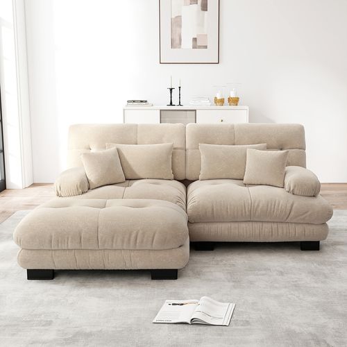 Canapé D'angle Cloud Avec Coussins Lombaires Et Coussins Décoratifs,larges Accoudoirs Et Pouf, Beige