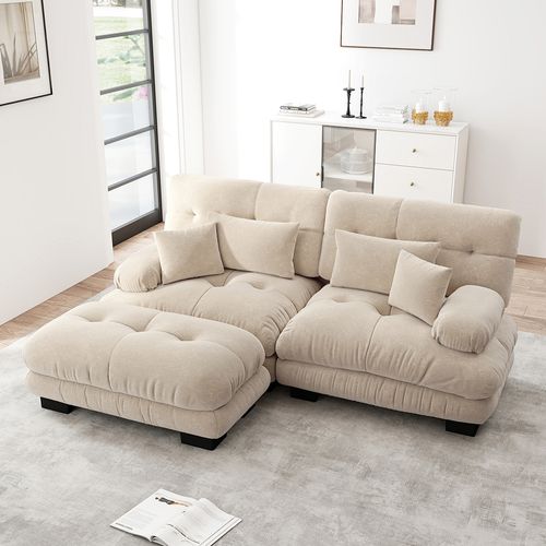Canapé D'angle Cloud Avec Coussins Lombaires Et Coussins Décoratifs,larges Accoudoirs Et Pouf, Beige