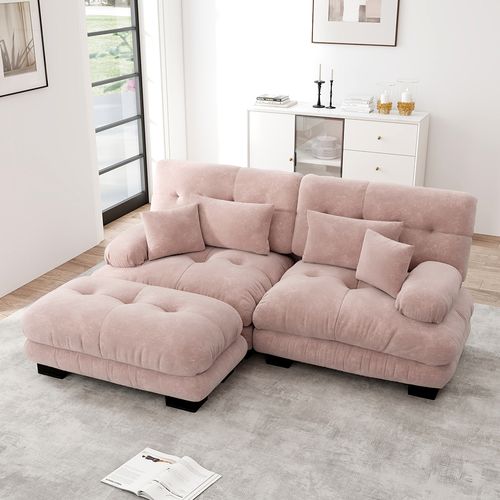 Canapé D'angle Cloud Avec Coussins Lombaires Etcoussins Décoratifs,larges Accoudoirs Et Pouf,rose