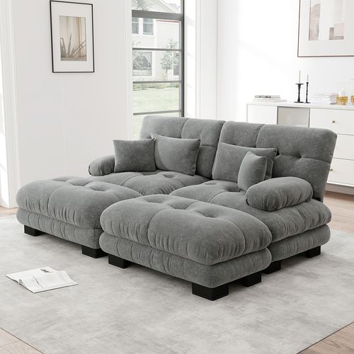 Canapé Double En Velours Avec Coussins Et Oreillers Lombaires, Larges Accoudoirs Et Pouf,gris.