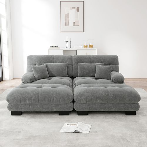 Canapé Double En Velours Avec Coussins Et Oreillers Lombaires, Larges Accoudoirs Et Pouf,gris.