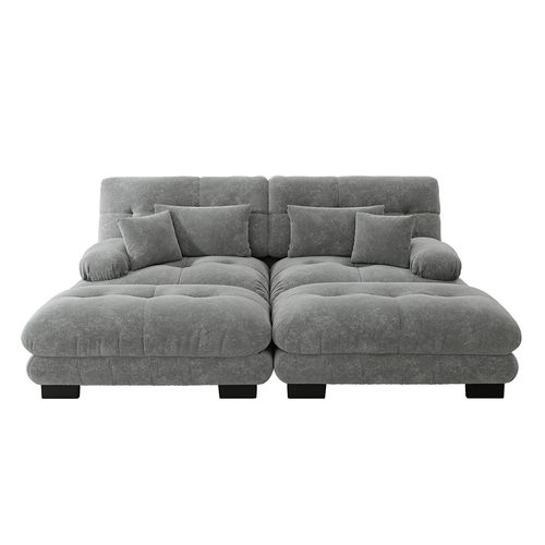Canapé Double En Velours Avec Coussins Et Oreillers Lombaires, Larges Accoudoirs Et Pouf,gris.
