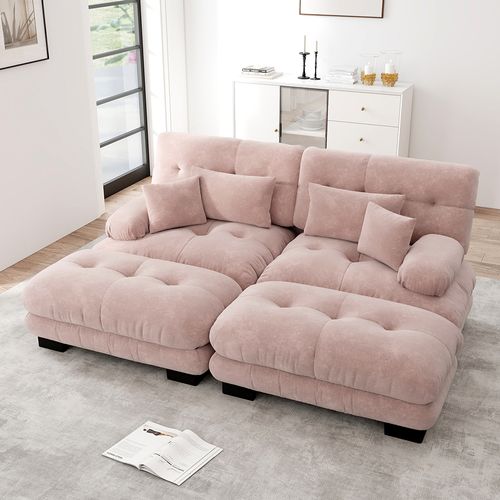 Canapé Double En Velours Avec Coussins Et Oreillers Lombaires, Larges Accoudoirs Et Pouf, Rose.