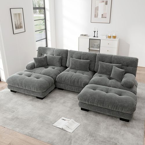 Canapé D'Angle En Forme DE U Avec Repose-Pieds - En Tissu Chenille - Gris