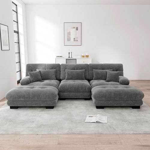 Canapé D'Angle En Forme DE U Avec Repose-Pieds - En Tissu Chenille - Gris