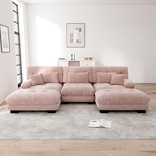 Canapé Nuage Extra-large En Forme De U, Canapé-lit Convertible Avec Repose-pieds, Chenille, Rose