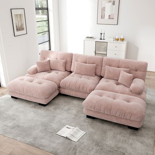 Canapé Nuage Extra-large En Forme De U, Canapé-lit Convertible Avec Repose-pieds, Chenille, Rose