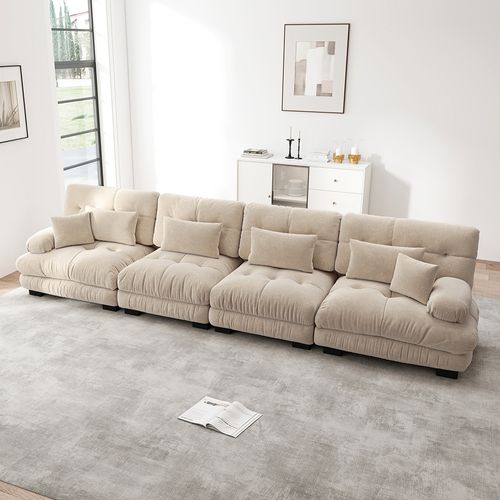 Canapé Modulable, D'angle Quatre Places, Velours, Beige