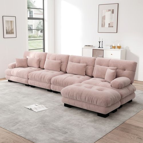 Canapé D'angle Modulable, Quatre Places, Avec Repose-pieds Amovible, Tissu Chenille, Rose