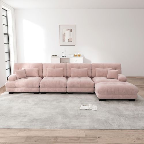Canapé D'angle Modulable, Quatre Places, Avec Repose-pieds Amovible, Tissu Chenille, Rose