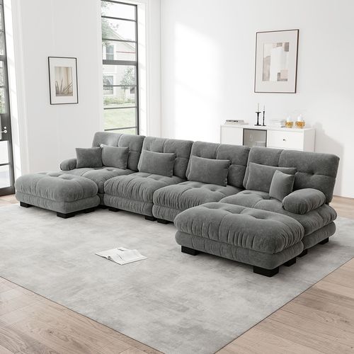 Canapé D'angle Modulaire, En Forme De U, Avec Repose-pieds Amovible, Tissu Chenille, Gris